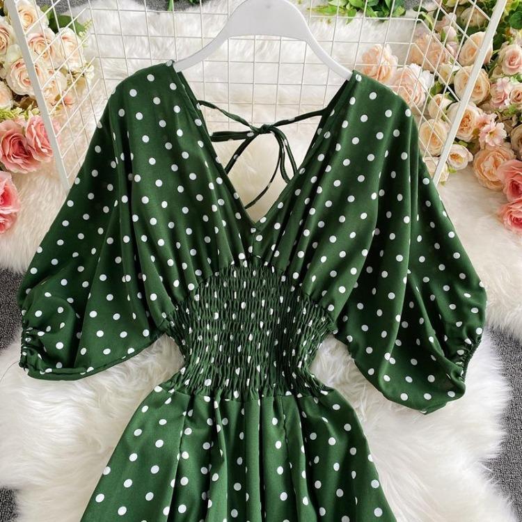 Sexy Waist Slim Jumpsuit with Dolman Sleeves Polka Dot Print Wide Leg Trousers Neck Design