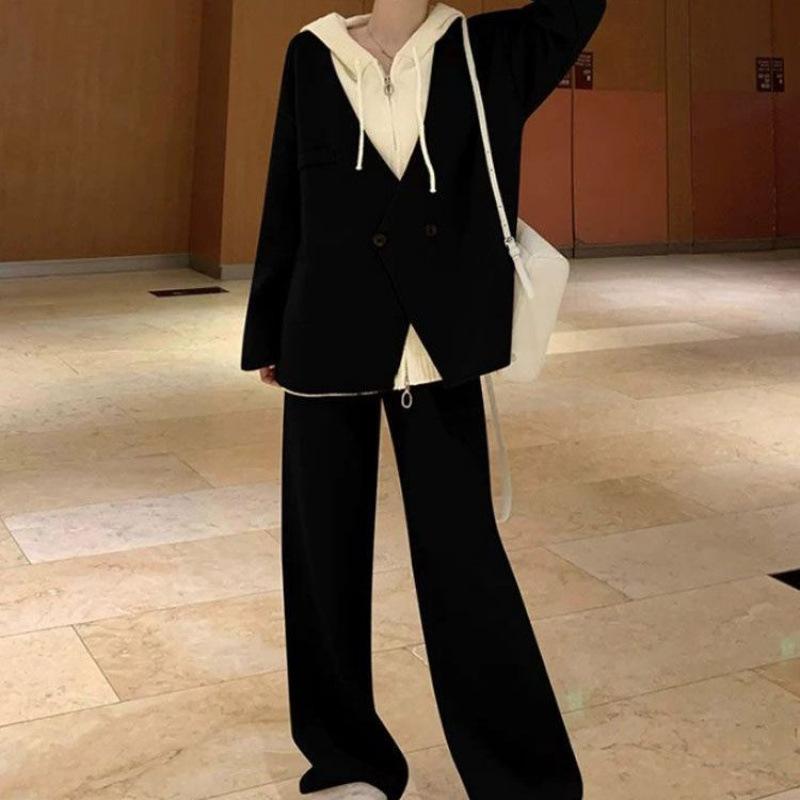 Spring and Autumn Long-sleeved Fake Two-piece Hooded Top Loose Large Size Belly-covering Trousers Suit for Women