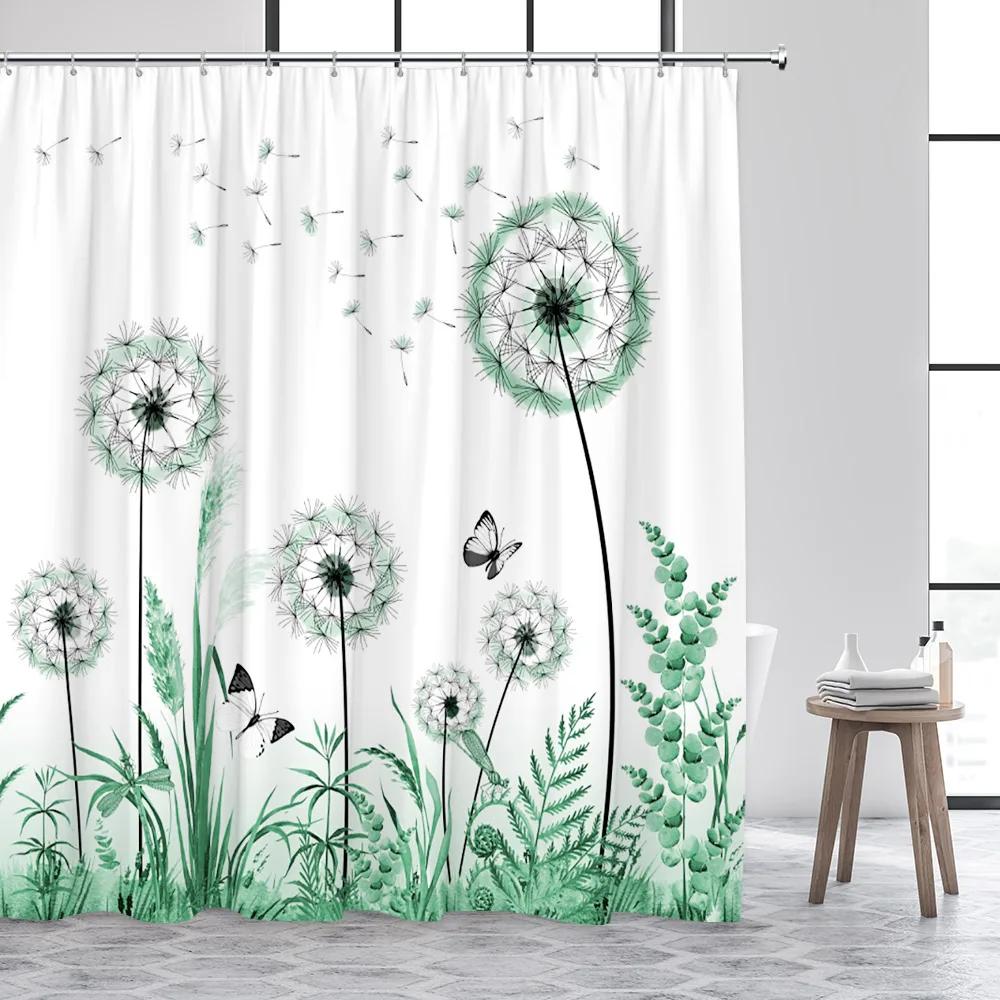 Dandelion Shower Curtain Watercolor Floral Farm Rustic Butterfly Plank Plant Polyester Fabric Bathroom Decor Curtain Washable