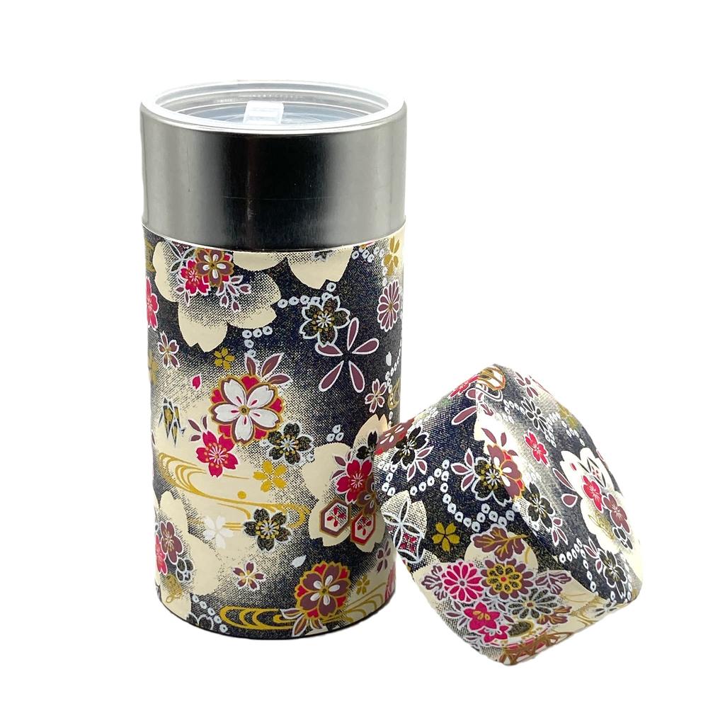 Noguchi Kumataro Tea Garden Tea Caddy, Large Capacity 200g, with Washi Paper and Inner Lid, Hana-tsuzumi Design, Navy Blue and Black, Made In Japan,