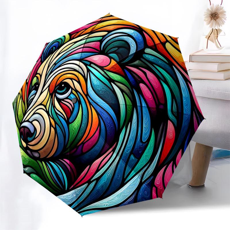 

1pc Colorful Bear Head Stained Glass Auto Open Close Umbrella, Portable Tri-Fold Design with 8-Rib Iron Frame, Outdoor for Fans, Travelers, Daily Use,