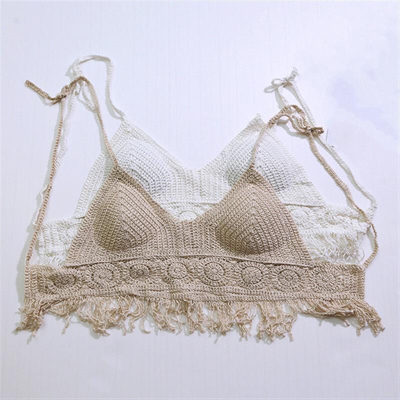 Backless Tassel Knit Bikini Vest with Chest Pad
