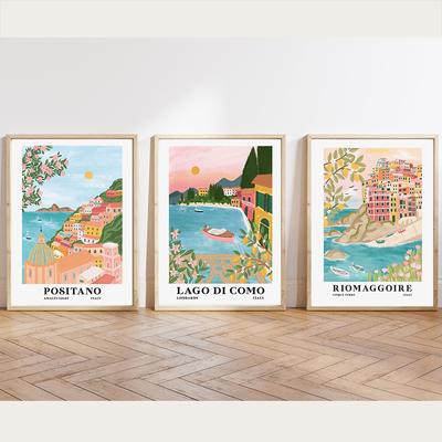 Pósteres de Viaje a Italia Cinque Terre Lago de Como Costa Amalfitana Impresiones de Resorts Arte de Pared Pintura en Lienzo Turismo Imagen de Ciudad Decoración del Hogar