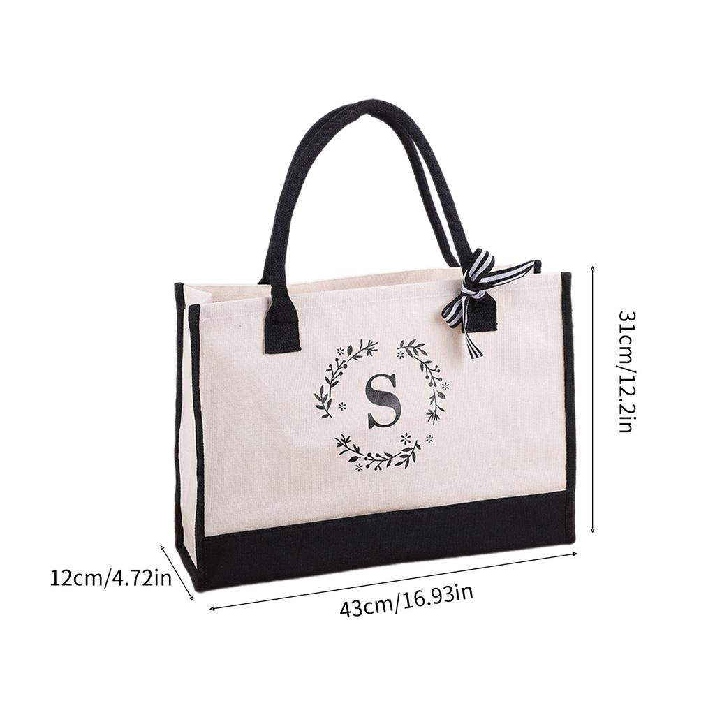 Initial Canvas Handbag Shopper Bag Shopping Bag Versatile Foldable Shoulder Bag for Girl Women Fashion Trendy Bag