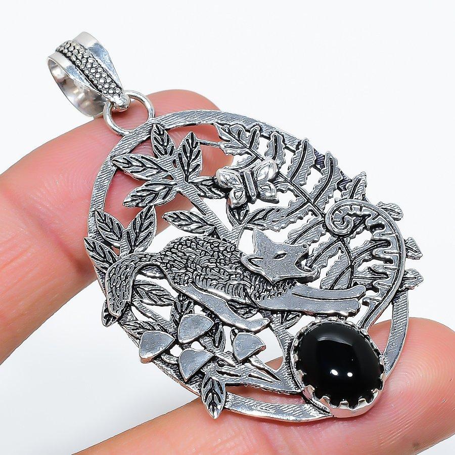 

Этническая ювелирная подвеска ручной работы с черным ониксом и драгоценным камнем 2,64 дюйма SR-7110