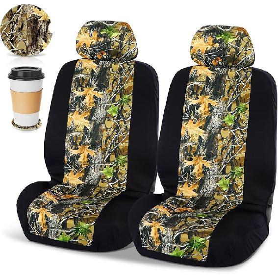 Tallew 2 Sets Of Mountain Car Seat Covers For Front Seats With Matching Headrest Covers Absorbent Car Cup Coasters With Finger Notch Fits For Most