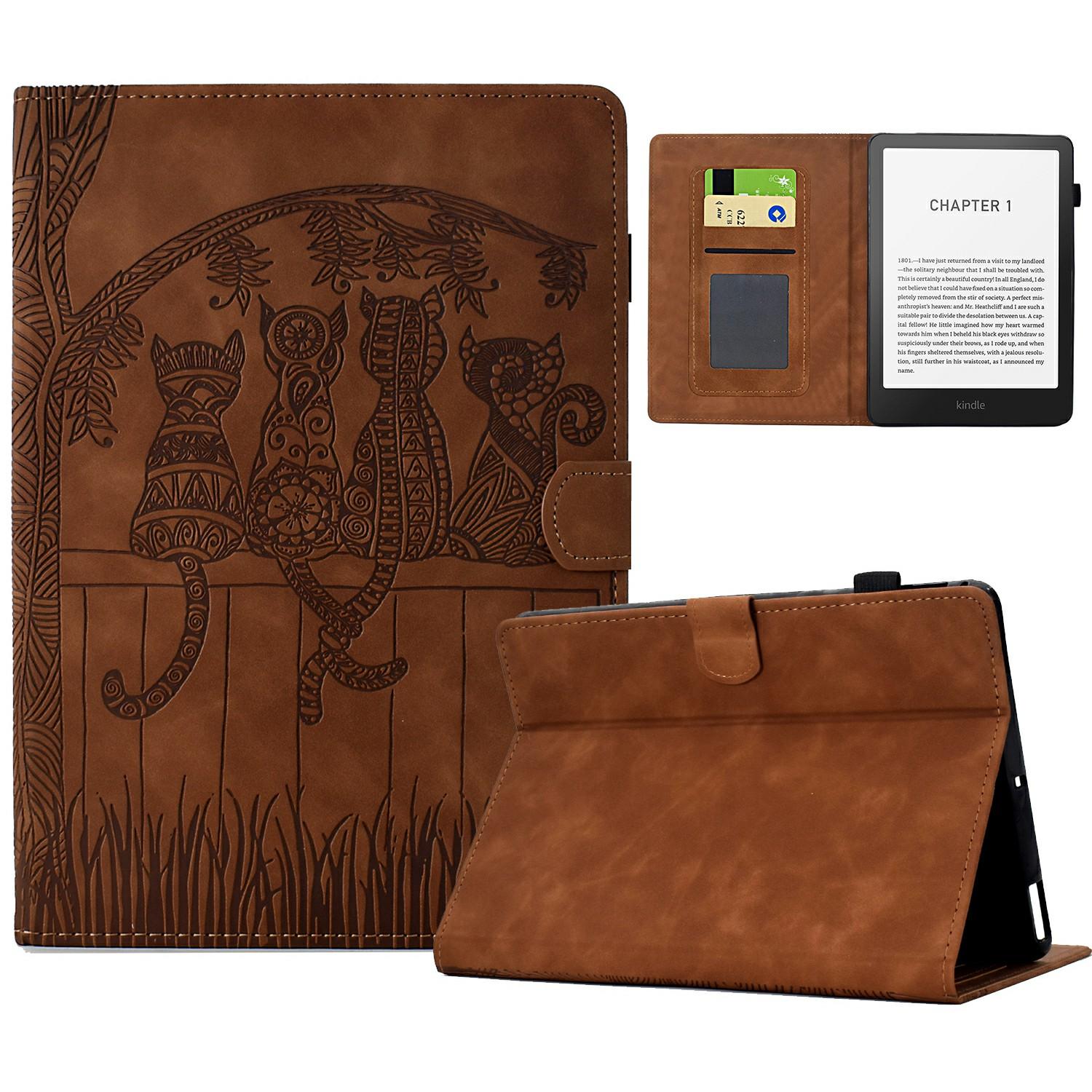 

Для Amazon Kindle Paperwhite (2024) Чехол Кошки с тиснением Искусственная кожа Слоты для карт Обложка для электронной книги Brown