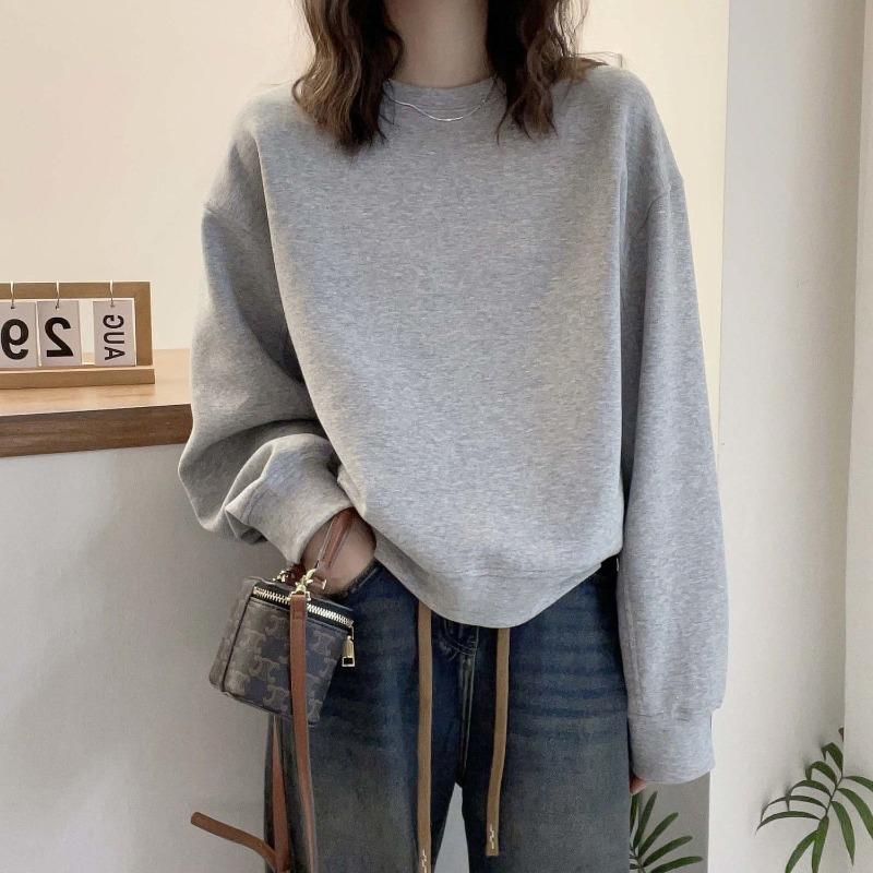 Solid Color Velvet Thickened Short Round Neck Sweatshirt Women Loose Korean Style Slim Top