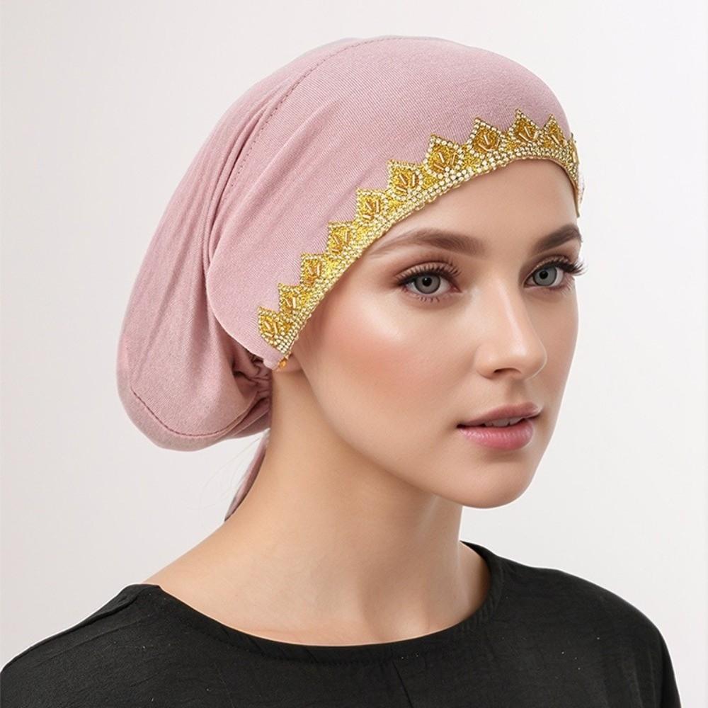 Shiny Golden Rhinestone Inner Hijabs Elasticity Tie Back Undercap Prayer Cap  Religious Headwear