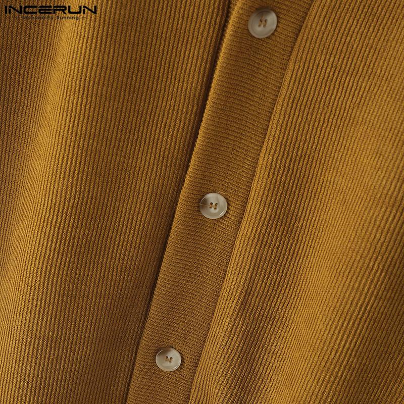 INCERUN Men V Neck Long Sleeve Buttons Up Rib Knit Oversized Cardigan Tops