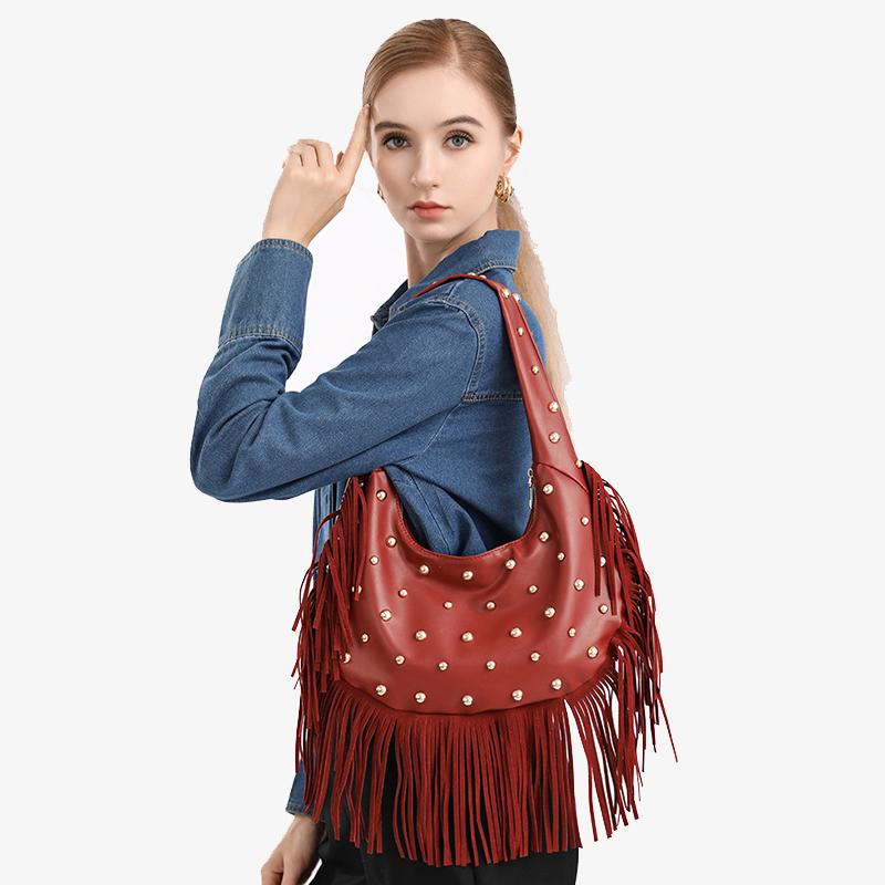 Yogodlns Fashion Personality Women's Underarm Bag Retro Leather Texture Tassel Rivet Bag Versatile Simple Trend Shoulder Bag
