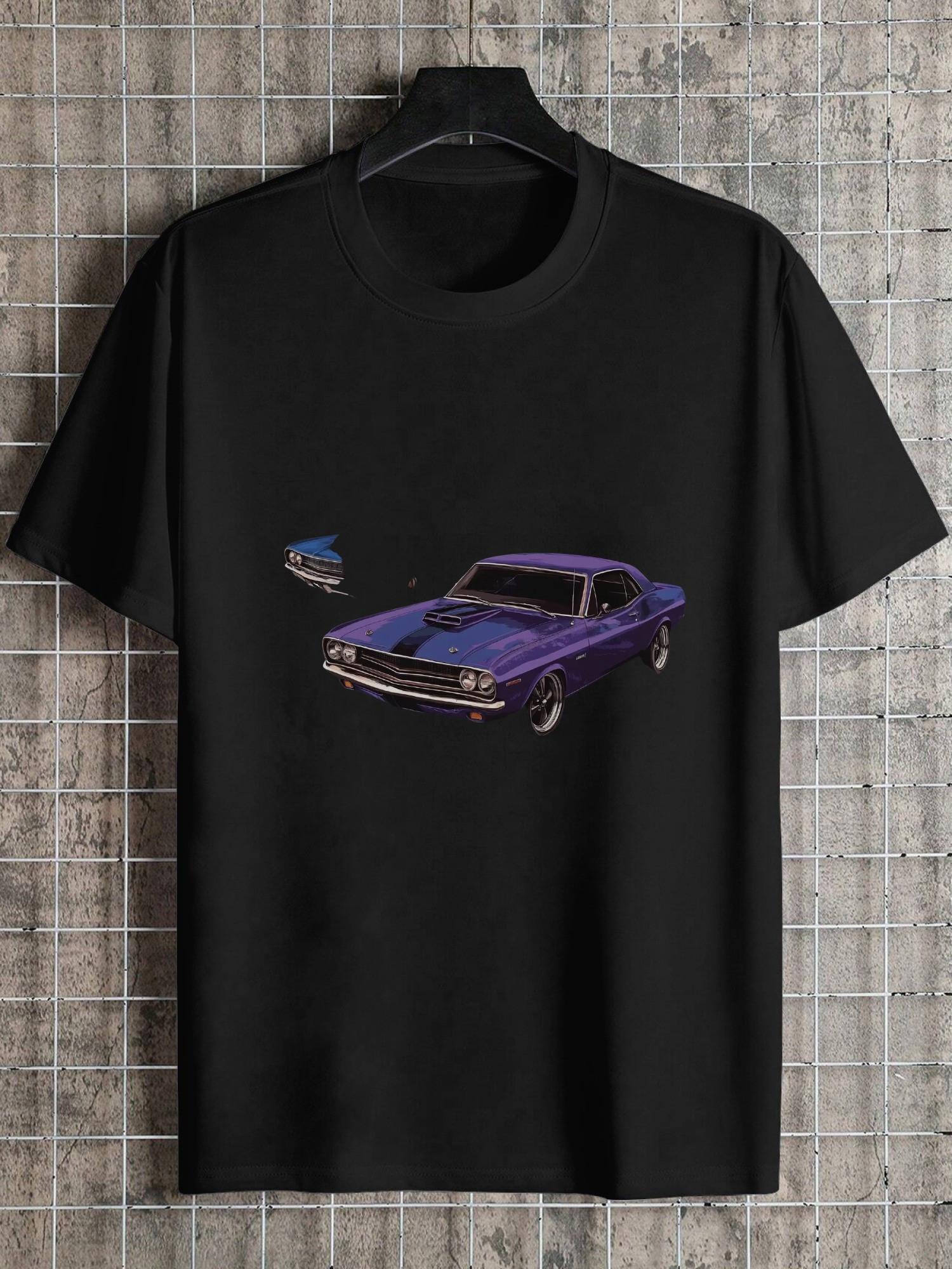 Vintage Muscle Car Graphic T-shirt - 180g Cotton Crew Neck Short Sleeve Tee with Purple & Blue Classic American Cars Design XXXL