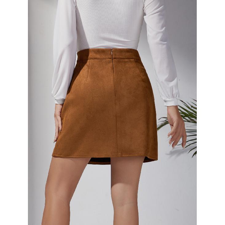 Damen Uni Wildlederrock Europäisch und Amerikanisch Hohe Taille Metallschnalle Bodycon Kurzer Rock