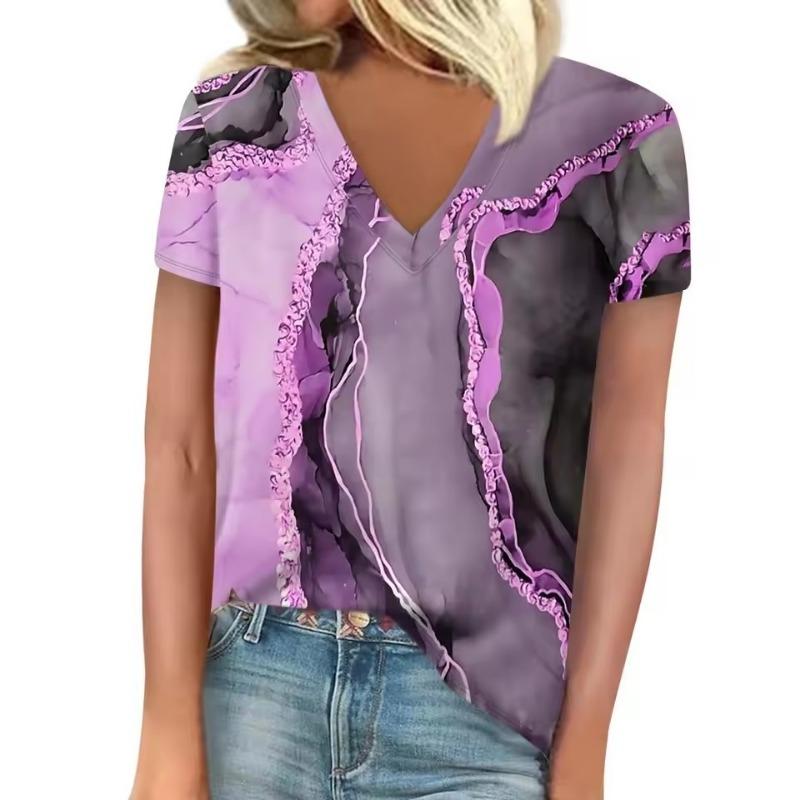 3D T-shirt Women's Summer Leisure Elegant V-neck Short Sleeves Gradient Texture Pattern Top Loose Casual Wear Ladies T-shirt