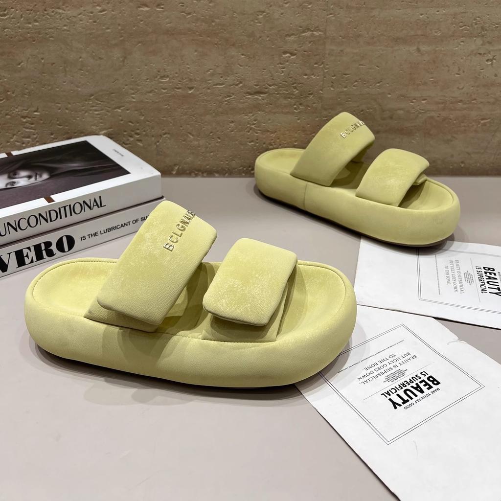 Leather thick-soled one-word slippers women wear summer bread cool slippers Velcro casual women's shoes