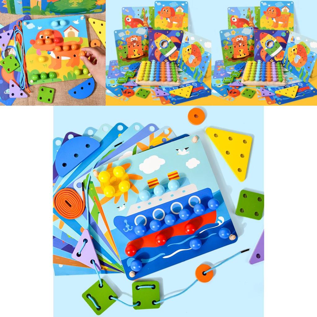 Wooden 2in1 Early Education Threading Board With Creative Puzzle For Kids Learning