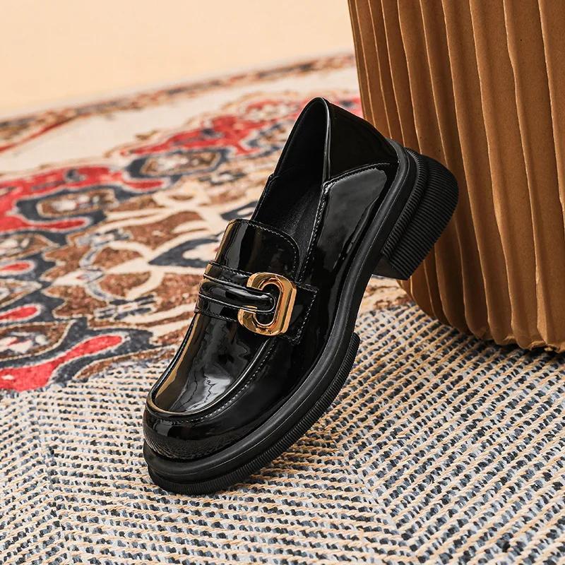 2024 Spring Thick-soled College Style Leather Shoes 2024 Metal Buckle Casual Loafers Female British Style Vintage Thick Heel Shoes