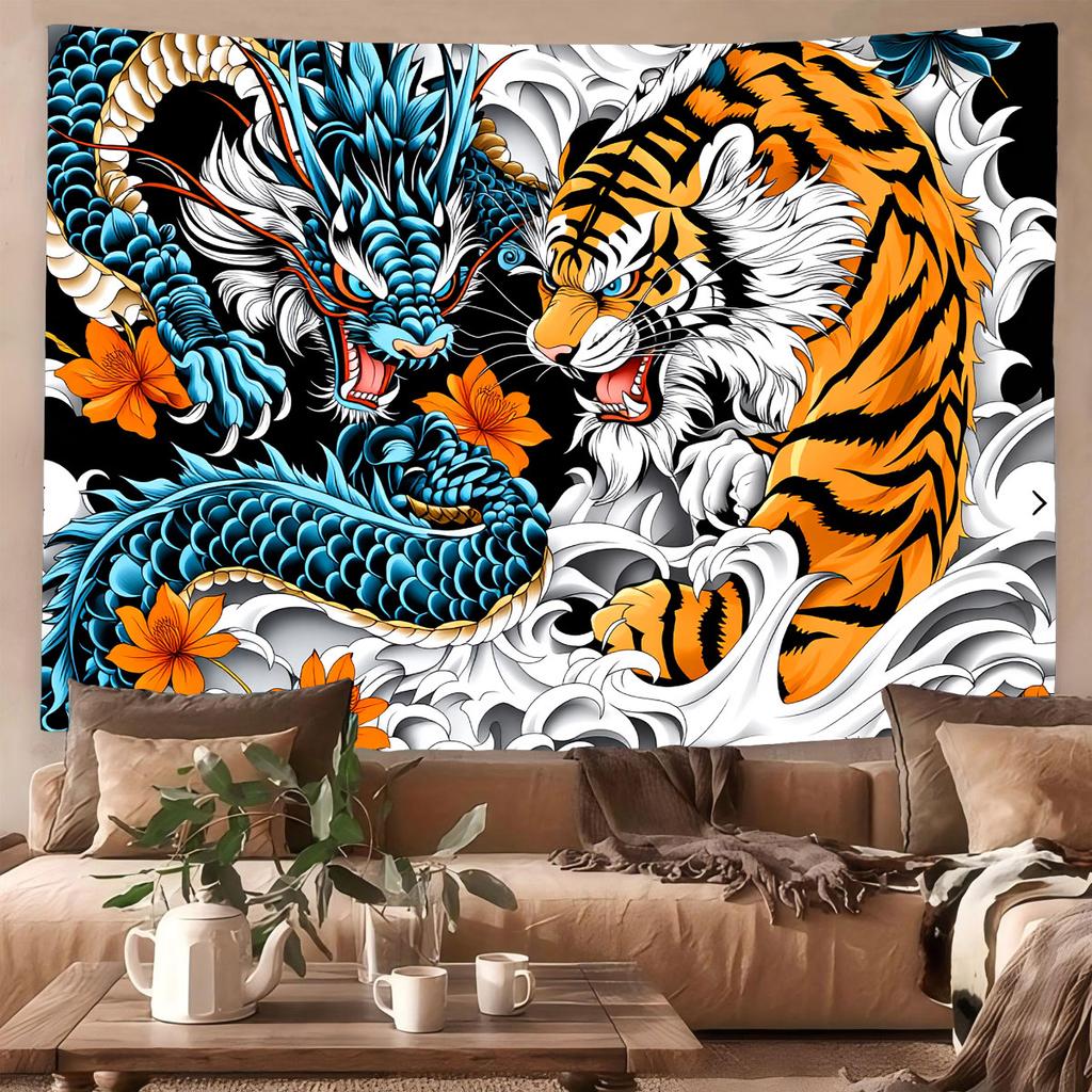 1Pc Dragon And Tiger Fight Printed Tapestry Living Room Background Wall Art Decoration Multi Size Space Pendant