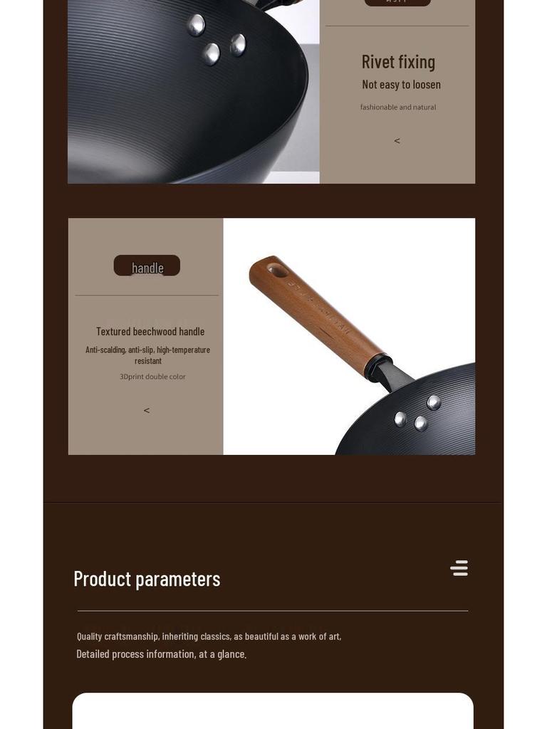 High-Purity Deep Nitrided Wrought Iron Wok, Traditional Non-stick, Old-fashioned Coating-free Iron Pot for Home Use.