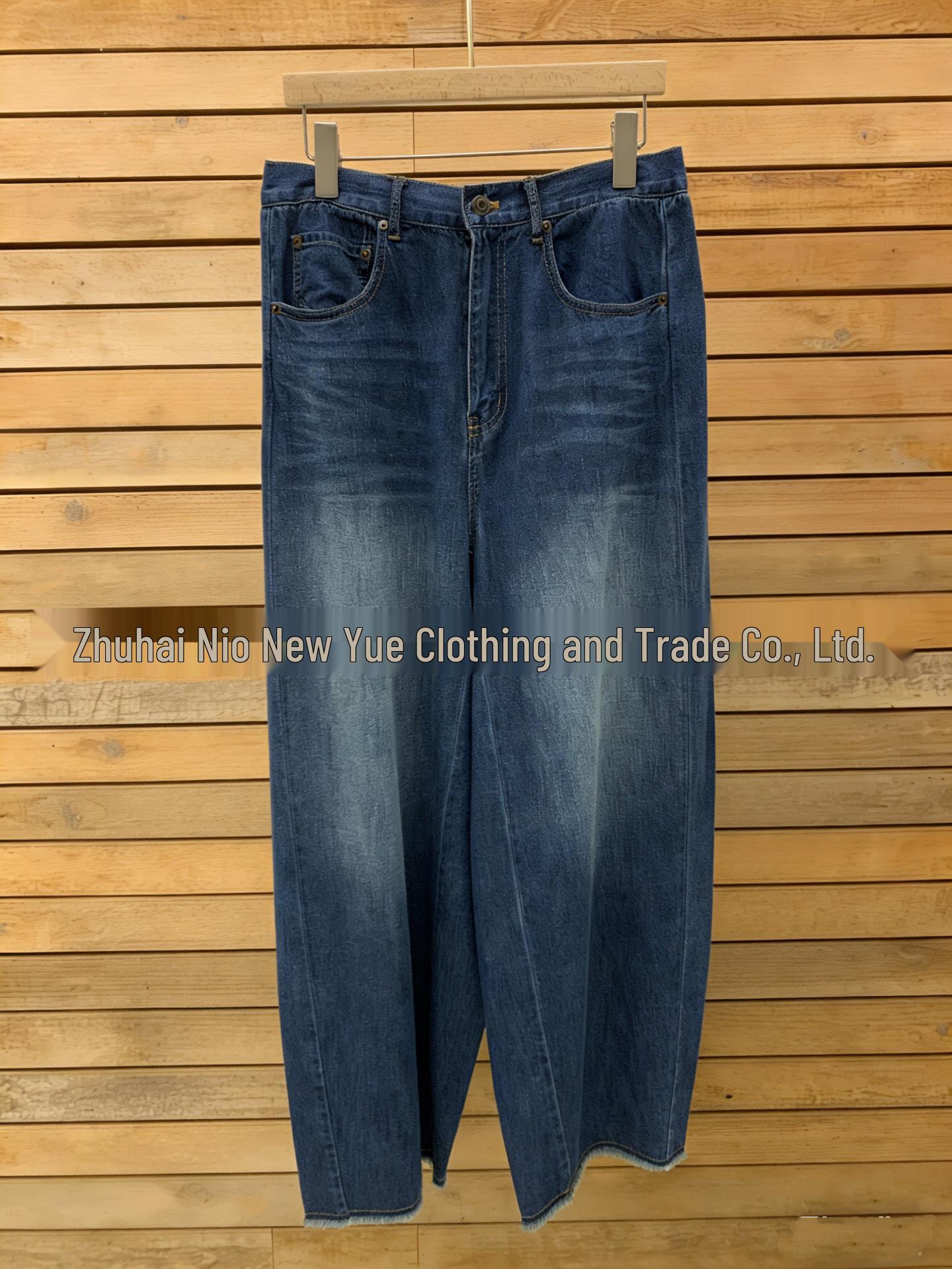 

26-Year Spring Style: Elastic Waist Frayed Hem Scythe Denim Pants - Light Blue M джинсовый синий