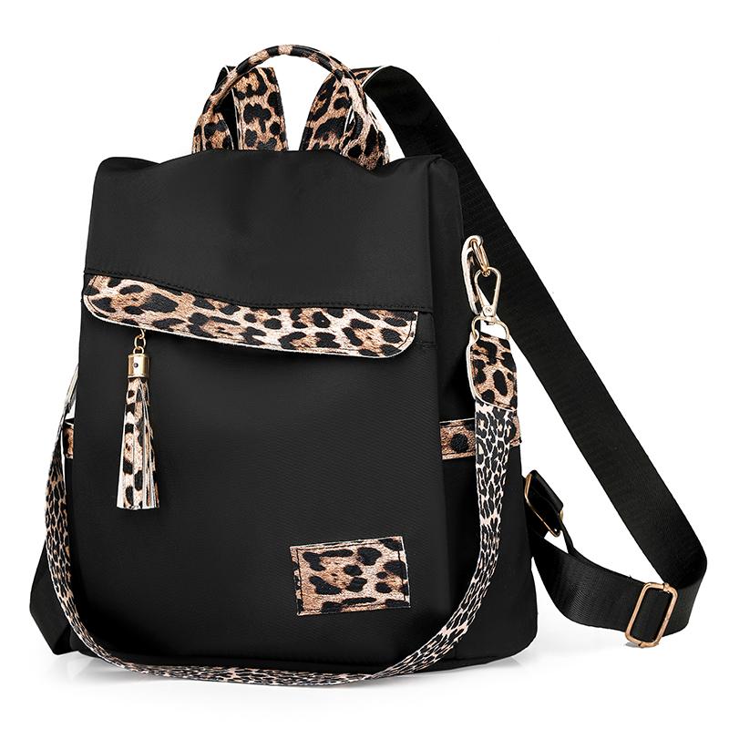 Nylon Leopard Print Women's Anti-theft Backpack Tassel Large Capacity Color Contrast Travel Backpack
