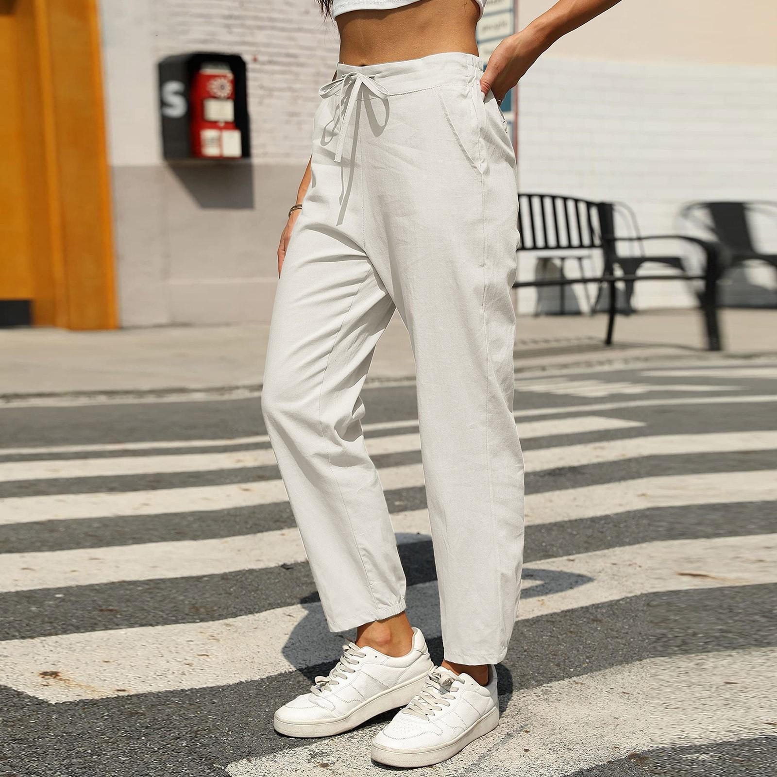 

Женские модные универсальные брюки с эластичным поясом и завязками на талии, однотонные, с карманами, повседневные, рабочие, узкие брюки XL белый
