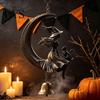 Wiatraczek Wiedźmy na Halloween i Dzwonek Księżycowy z Czarnym Kotem, Vintage na Półksiężycu Świąteczne Akcesoria do Nawiedzonego Domu Dzwonek Wiszący, Gotycka Ozdoba dla