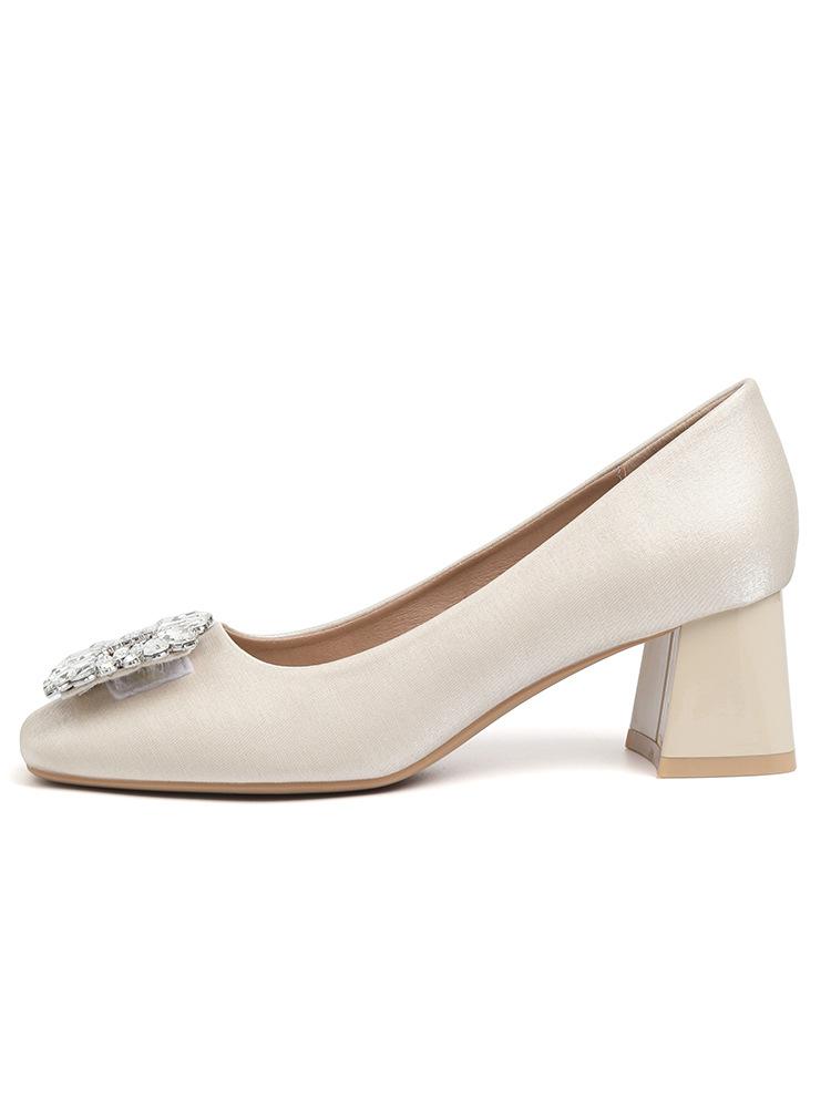

French rhinestone square buckle satin light mouth single shoes women s new temperament square head thick heel high heels 40 абрикосовый