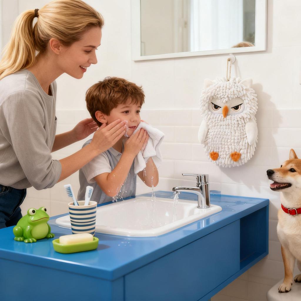 Chenille Hand Towel Owl Design Decorative Washcloth Hangable Rag Chenille Quick Dry Hand Towels For Bathroom For Hotel Home Kids