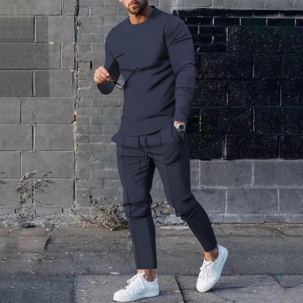 Men's Solid Color Loose Round-neck Long-sleeved Shirt And Long Pants Two-piece Casual Sportswear Set