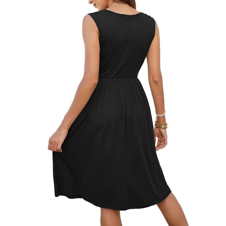 YYFS Women's Fashion Summer Spring Solid Color Print Sleeveless V-Neck High Waist Casual Dresses