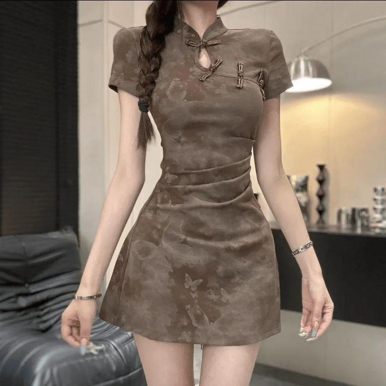 

Skinny Chinese Vintage Button Dress Waist Women s Print Summer Temperament Slim-fit Cheongsam Dress XXL кавовий