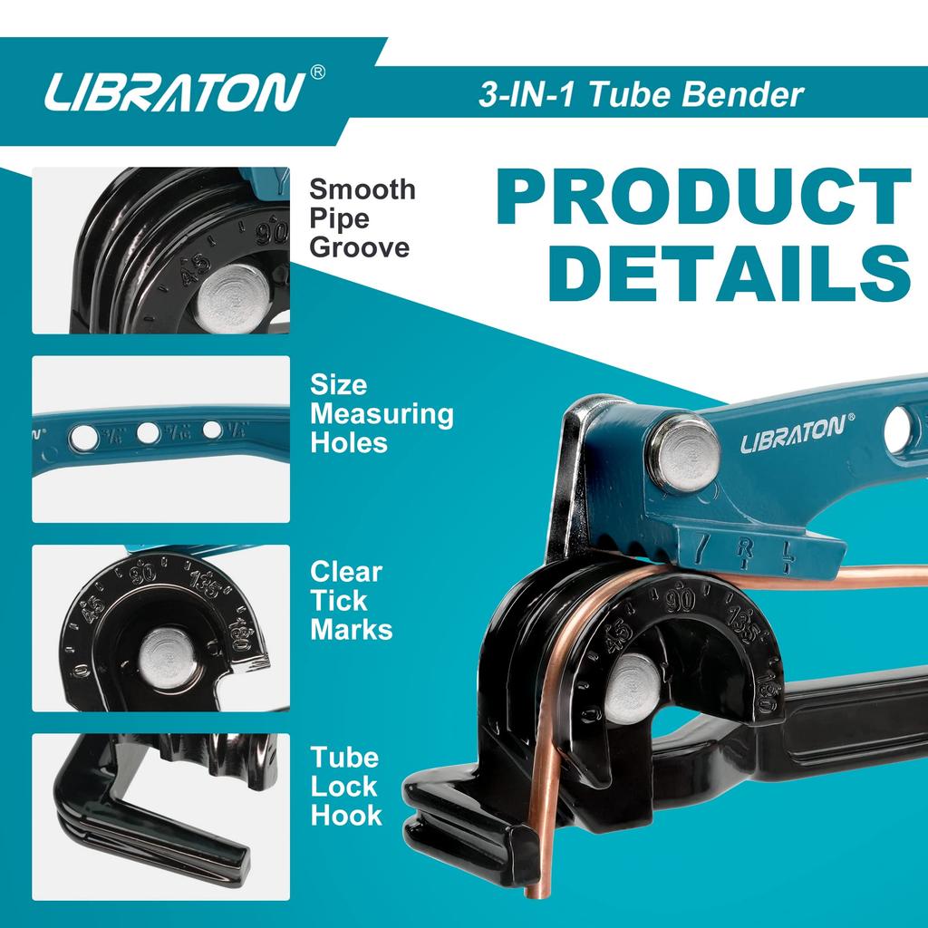 LIBRATON Rohrbieger, Kupferrohrbieger für 1/4", 5/16" und 3/8" Weichmetallrohre, 180-Grad-Biegungen, Klimaanlagen-Sanitärwerkzeug für Kupfer, Messing