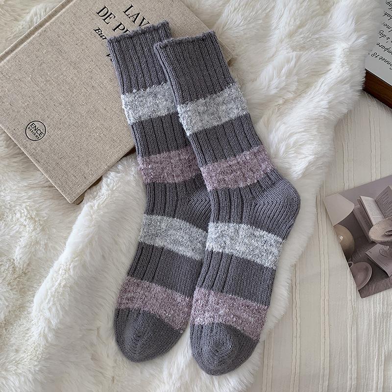 Contrasting Wool Socks Children'S Stacking Socks Seasonal Fleece Thickened Warm Color Matching Flocking Striped Cashmere Medium Tube Socks