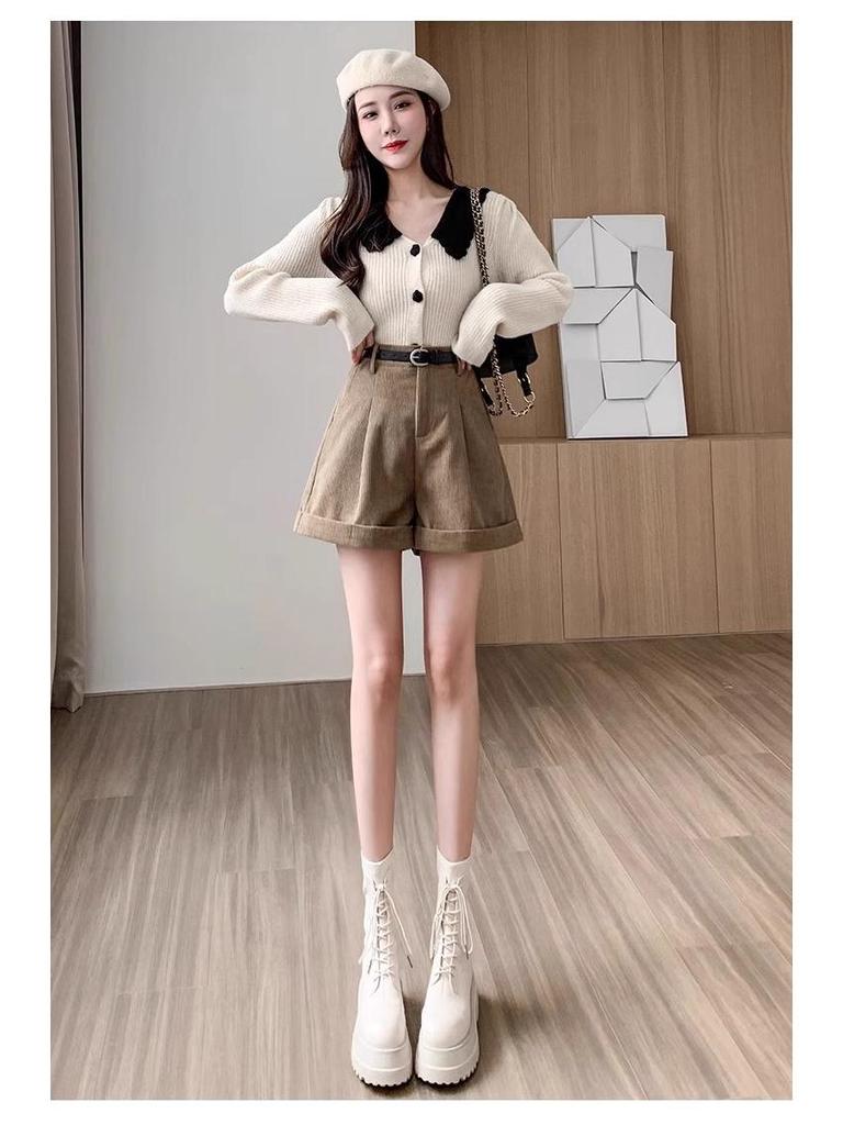 Dámské manšestrové kraťasy Maillard s vysokým pasem: Podzim/Zima 2023 áčkový střih, střih se širokými nohavicemi