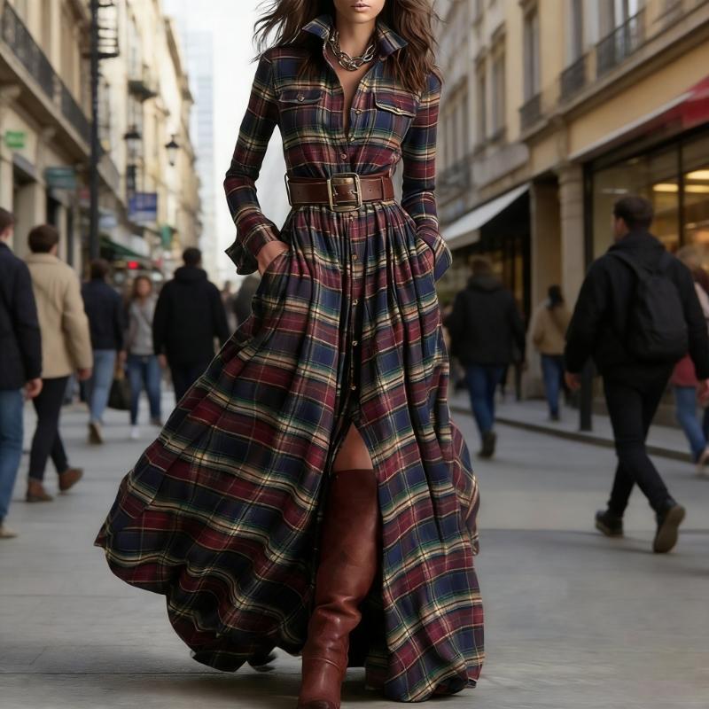 Stylish Irregular Grid Dress Comfortable Polyester Casual Ruffled Shirt Dress for Everyday Use Event and Outings