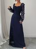 Elegante Abito Maxi Floreale a Rete Patchwork, Scollo Quadrato, Manica Lunga, Vita Alta, per Donna