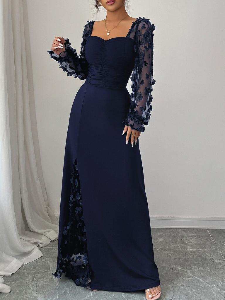 Elegante Abito Maxi Floreale a Rete Patchwork, Scollo Quadrato, Manica Lunga, Vita Alta, per Donna