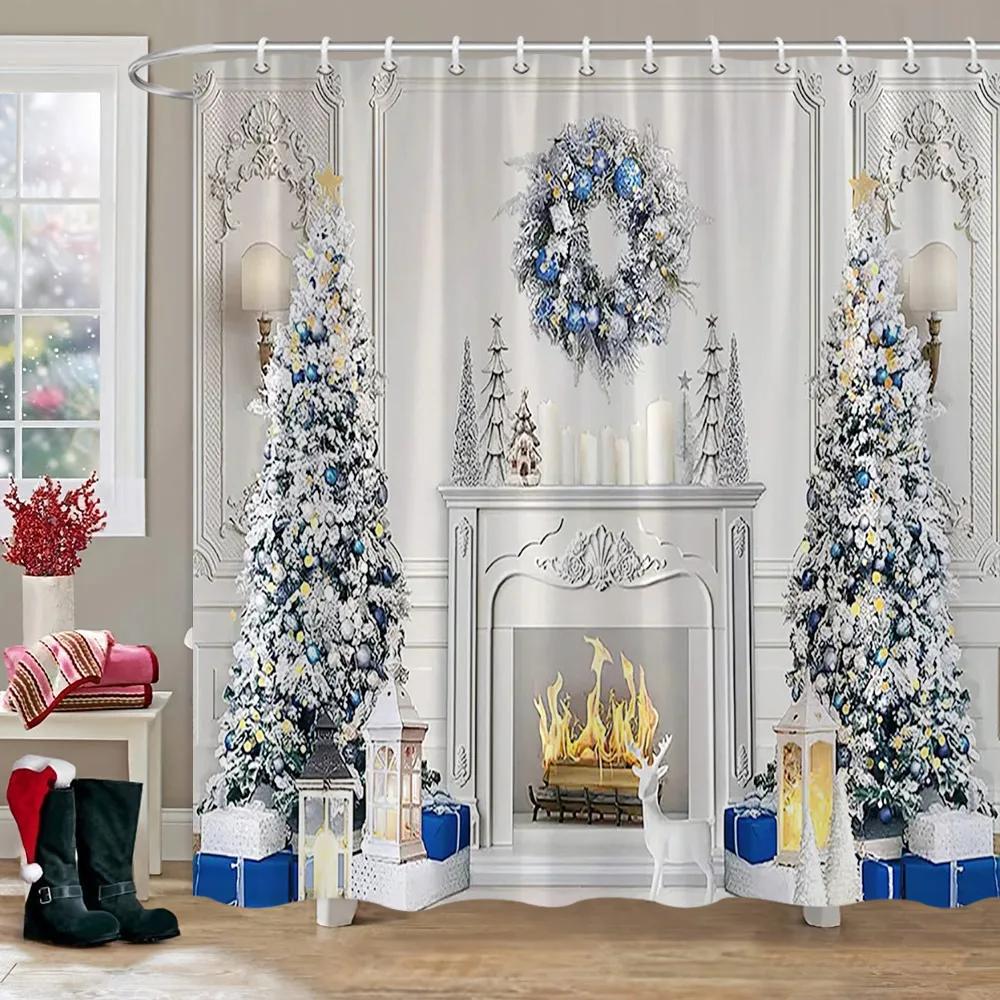 Christmas Backdrop Shower Curtain Holiday Gifts Fireplace Christmas Tree Garland Fabric Bath Curtains Bathroom Decor With Hooks