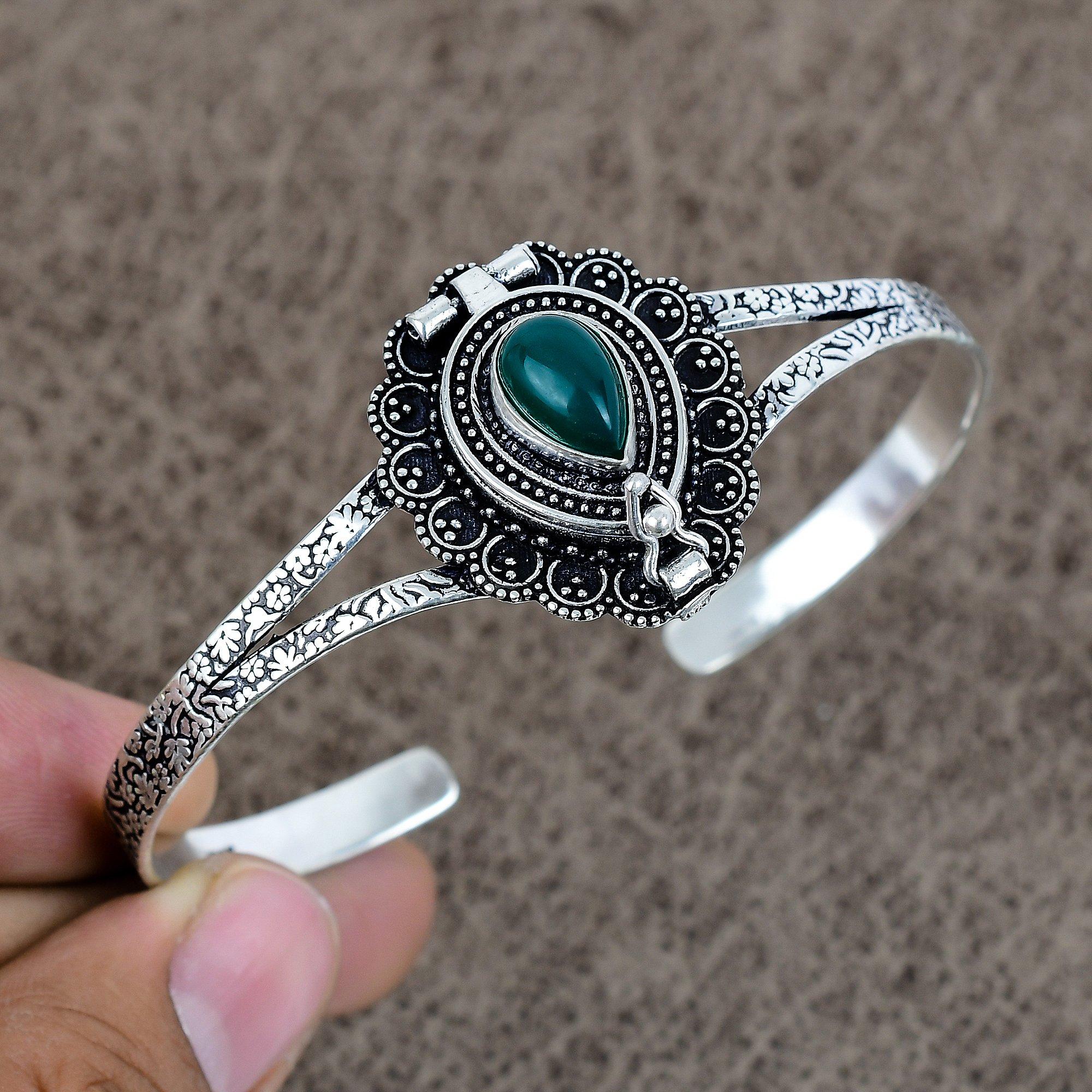 

Green Onyx Gemstone Handmade 925 Sterling Silver Cuff Bangle Adjustable KKG-210