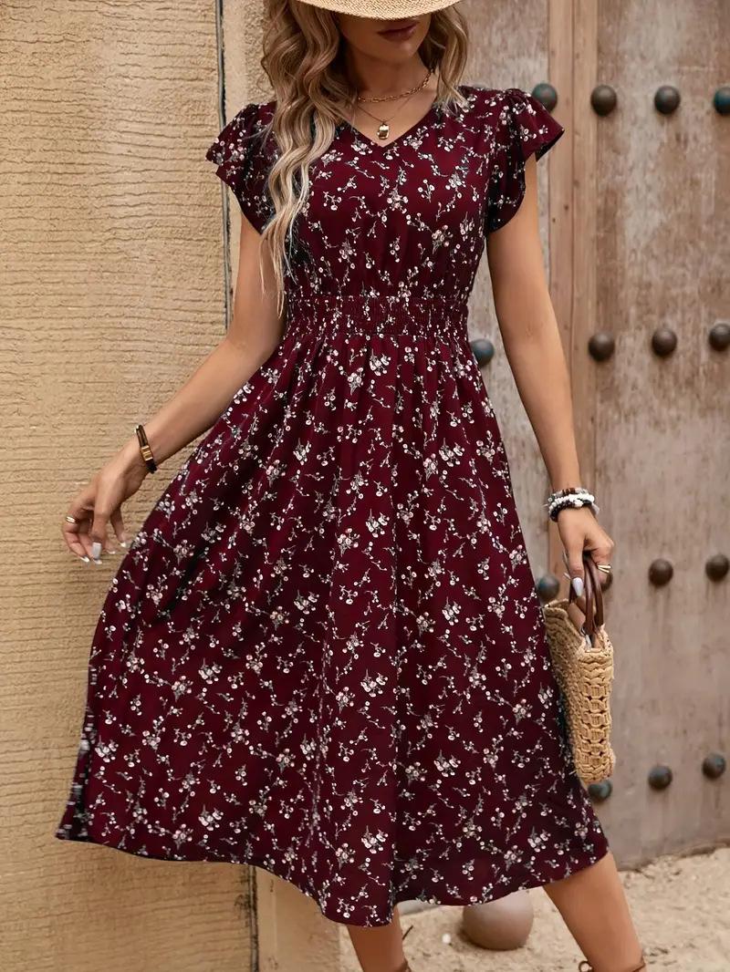 Spot cross-border Europe, America, Amazon foreign trade 2025 summer new V-neck waist fashion lotus leaf sleeve printed dress S красный