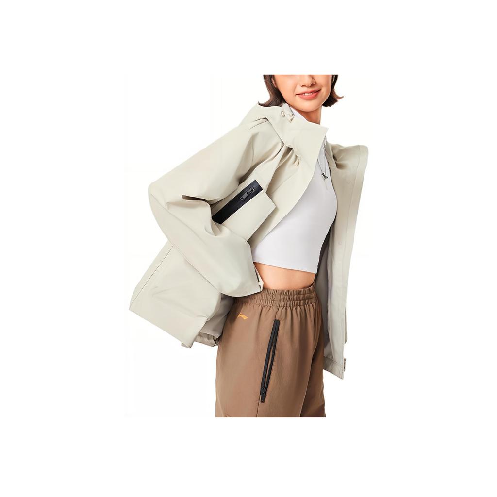 Li Ning Sports Trend Series Anti-Rain Comfortable Casual Loose Zipper Hooded Windbreaker Women Outerwear Oatmeal-Gray AEMU008-1