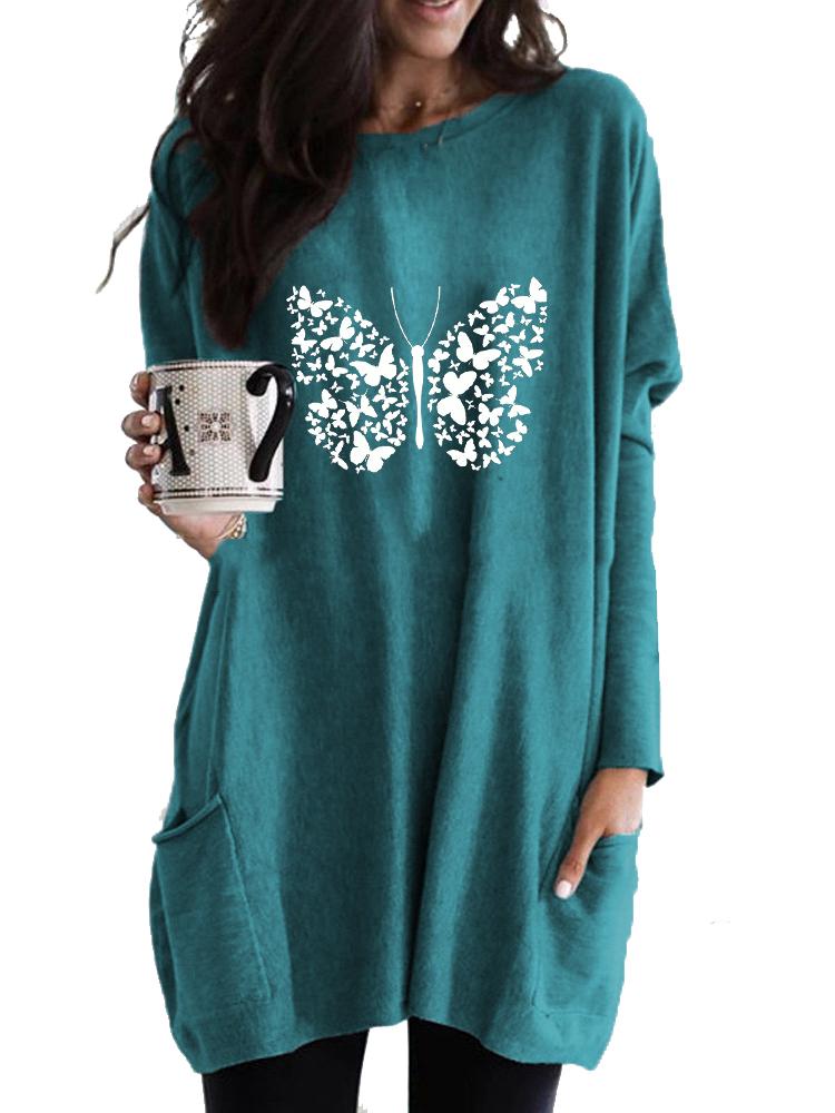 

Женская длинная туника с карманами, свободного кроя, модный топ с принтом и длинным рукавом, женский свитшот 5XL синий