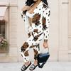 Women Plus Size White Printed Stand Collar Long Sleeve Zip Front Jacket And Long Pants Set