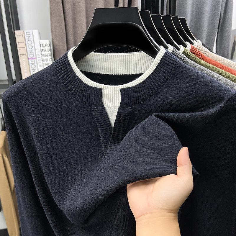 Men's V-Neck Faux Two-Piece Knit Sweater: Casual Long Sleeve Base Layer for Autumn & Winter