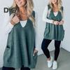 Damen Pullover Weste V-Ausschnitt Ärmellos Taschen Mittellange Stricktops Einfarbig Herbst Winter Lässige Strickmode