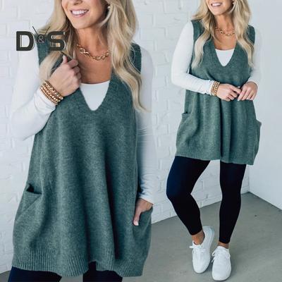 Damen Pullover Weste V-Ausschnitt Ärmellos Taschen Mittellange Stricktops Einfarbig Herbst Winter Lässige Strickmode