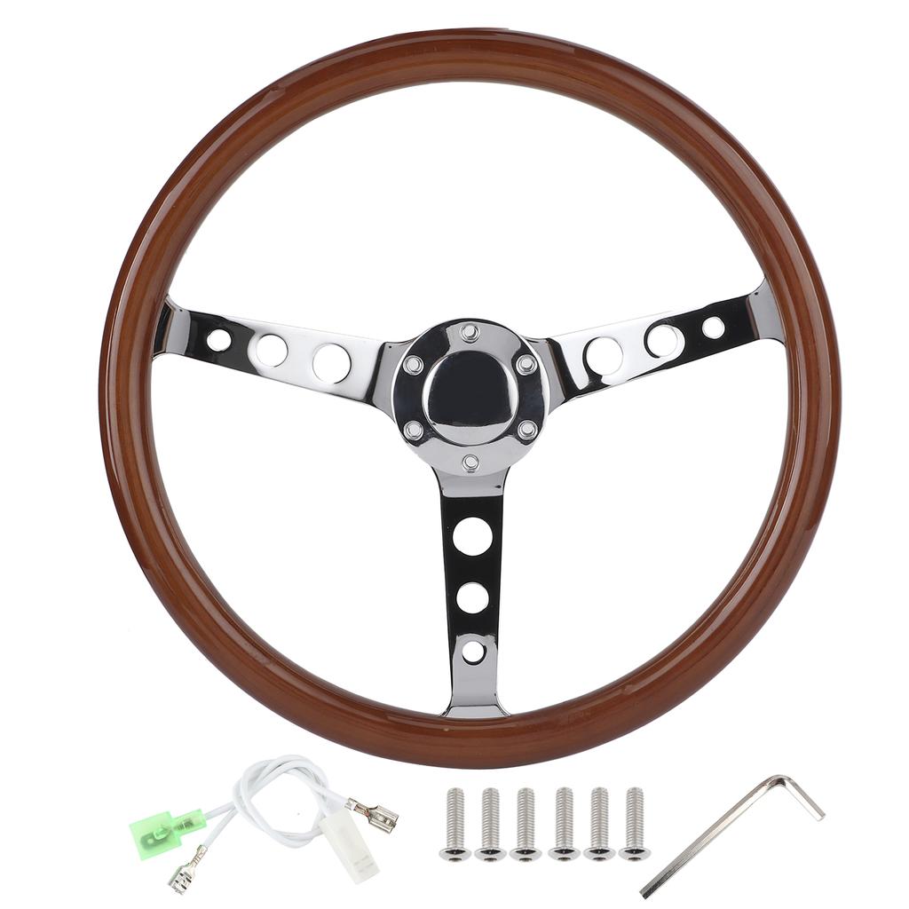 15in 6 Hole Steering Wheel Retro Mahogany Wood Grip Stainless Steel Spoke with Horn Cover Cable