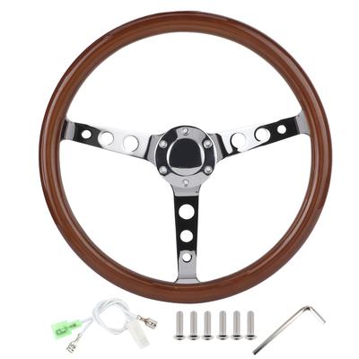 15 Zoll 6 Loch Lenkrad Retro Mahagoni Holzgriff Edelstahl Speiche mit Hupenabdeckung Kabel