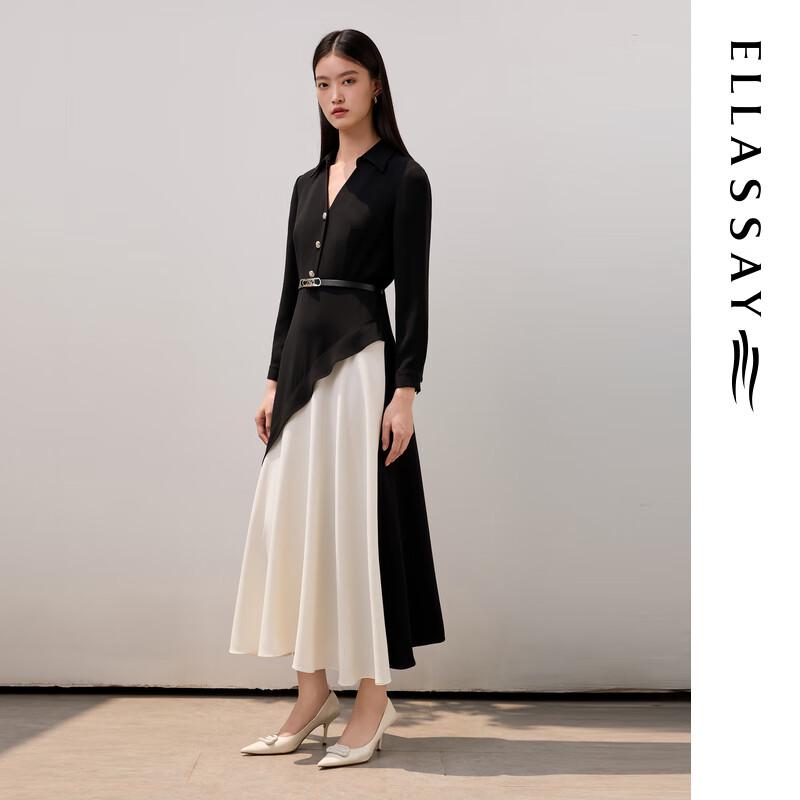ELLASSAY Women's Black & White Color Block Acetate Long Sleeve Dress